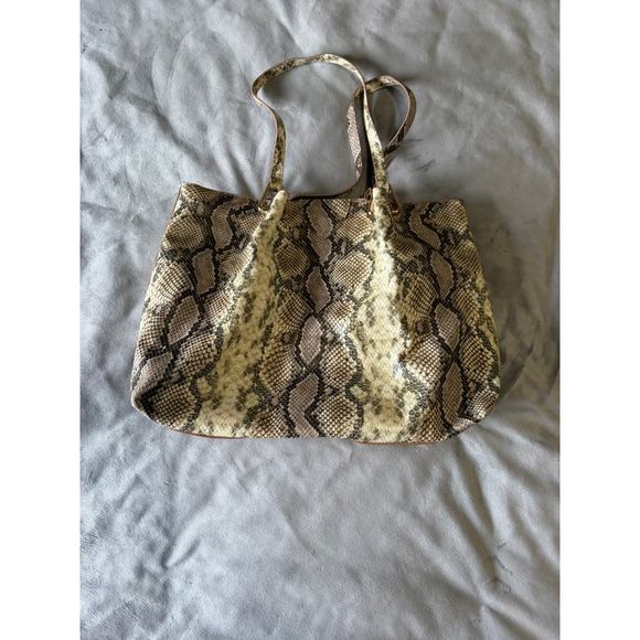 Anne Klein Snakeskin Print Tote Bag Gold Tone Hardware Lion Logo Neutral Brown - Picture 3 of 5